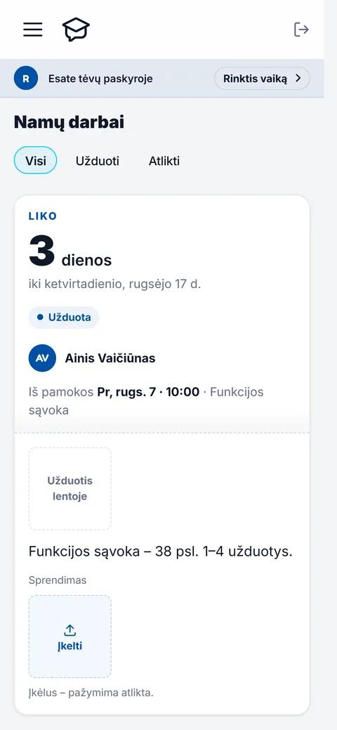Namų darbai vaiko telefone: užduotis, terminas ir sprendimo įkėlimas